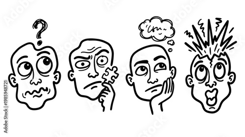 Black and White Line Art of Confused Faces, Thinking, Puzzle, and Epiphany