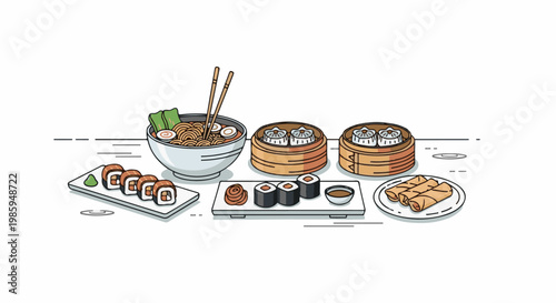 Assortment of delicious Asian cuisine, including ramen, sushi, dim sum, and spring rolls