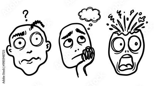 Black and white line art of confused, thinking, and exploding heads, representing stress and mental overload
