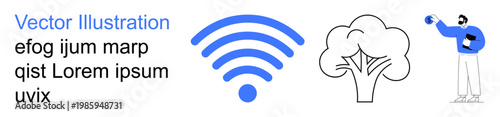 Digital connectivity, environmental balance, smart living, sustainable tech, digital interaction, modern communication. A wireless icon, tree and person holding a device. Digital connectivity