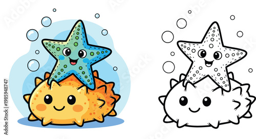 Kawaii cute starfish and spiky sea creature cartoon illustration with water bubbles underwater vector
