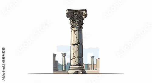 Ancient stone column with ornate capital stands amidst ruins and weathered structures