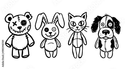 Spooky Voodoo Dolls: Teddy Bear, Rabbit, Cat, Dog - Black and White Line Art