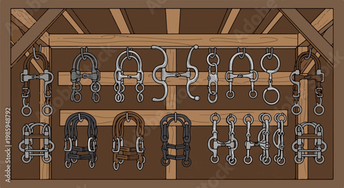 Assortment of equestrian bits and bridles displayed in a wooden stable