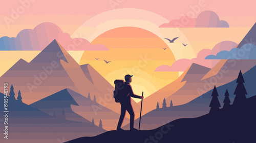 Mountain Peak Landscape with Backpacker Silhouette Outdoor Exploration