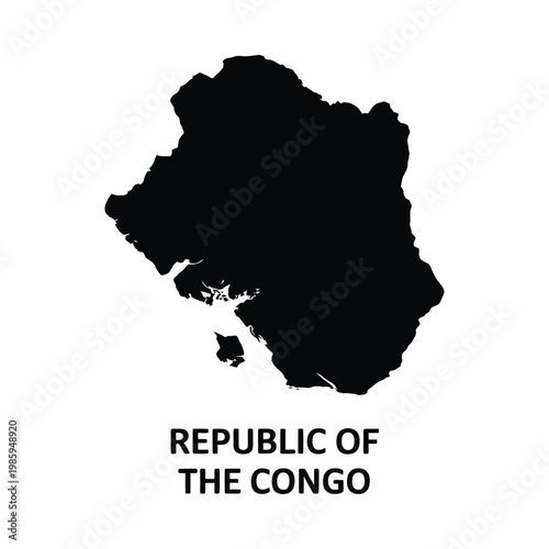 A stark black silhouette of the republic of the congo outlines its geographical shape on a white background