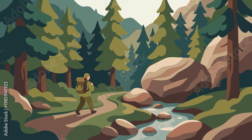 Outdoor Adventure Path Through Trees River and Mountains Illustration