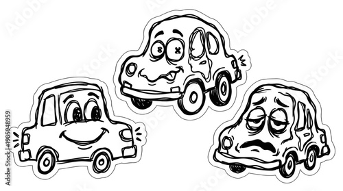 Cartoon Cars Expressing Emotions: Happy, Dizzy, Sad - Black and White Line Art