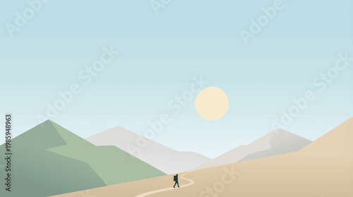 Minimal Mountain Hiking Scene Peaceful Landscape Flat Vector Design
