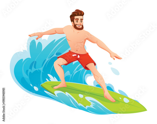 Young man balancing on surfboard riding large ocean wave. Vector cartoon illustration