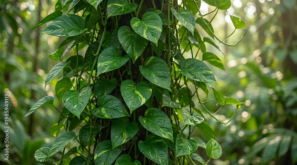 Fototapeta premium Lush green pothos vine climbing up tree trunk in tropical forest setting with dense foliage creating natural jungle atmosphere for botanical decor.