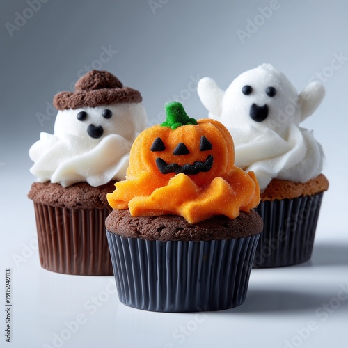 halloween cupcakes with pumpkin and ghost designs, bright lighting, clean white background, vibrant colors, food photography style 