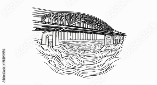 Arching bridge spans over rippling water in a linear drawing