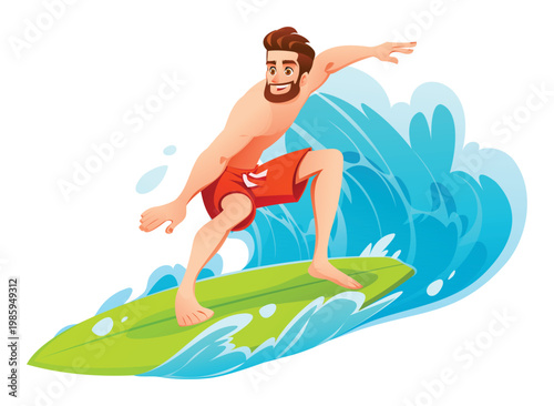 Athletic man surfing on green board over turquoise wave. Vector cartoon illustration