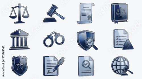3D Glass Navy Legal Justice Icon Set – Gavel, Scales, Courthouse, Handcuffs, Law Shield, Police Badge