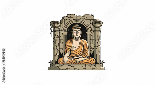 Ancient stone ruins cradle serene Buddha statue in peaceful meditation pose
