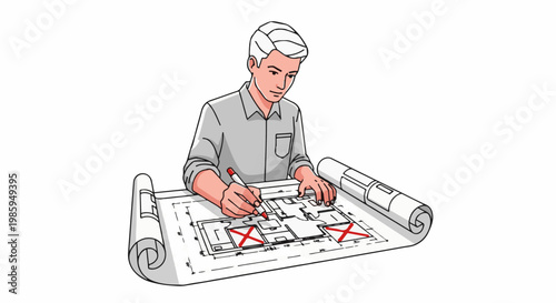 Architect drawing plans with red crosses on a floor layout