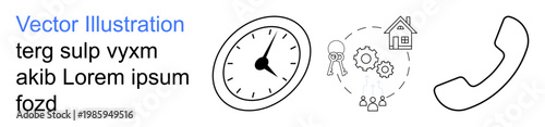 Business workflow, telecommunication, time management, remote work, project planning, productivity solutions. Clock, gear icons house phone. Time management and telecommunication concept