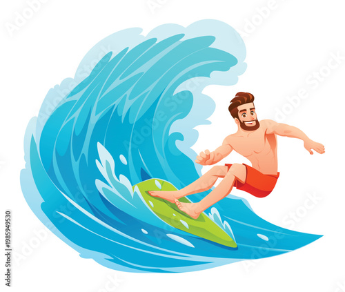 Happy surfer catching big blue barrel wave in the ocean. Vector cartoon illustration