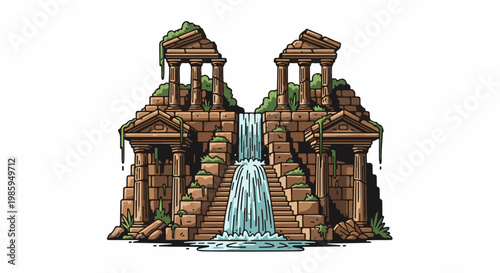Ancient stone ruins with a cascading waterfall and overgrown vegetation