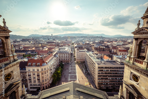 Amazing view from the panoramic platform of St. Stephen's Basilica towards the square of the same name, the city and Danube river in  Budapest, Hungary