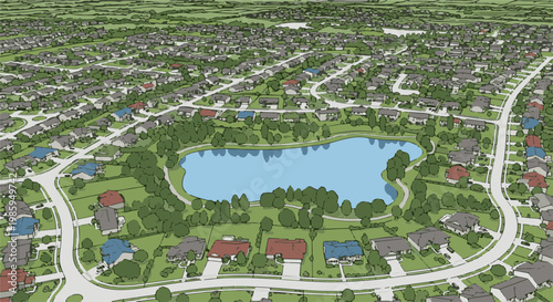 Aerial view of a suburban neighborhood with a central lake and many houses
