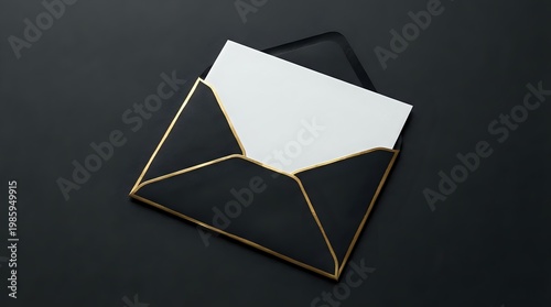 Elegant black envelope with gold edges containing white blank card on dark background for luxury correspondence and invitation design.