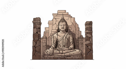 Ancient stone statue of a seated Buddha framed by weathered ruins