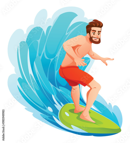 Man surfing on crest of crashing wave. Vector cartoon illustration