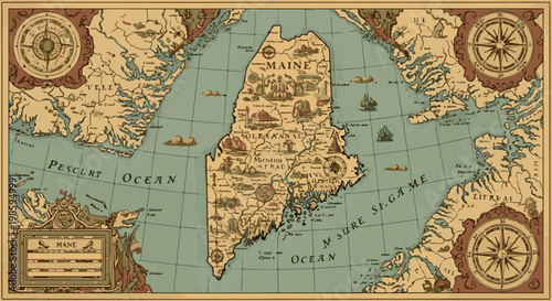 Antique map of Maine with compass roses and nautical illustrations