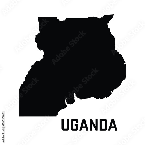 A stark black silhouette depicts the geographical shape of uganda with its name prominently displayed below