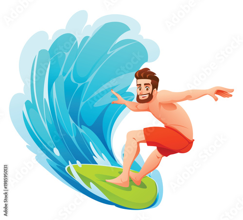 Surfer balancing on board while riding giant ocean wave. Vector cartoon illustration