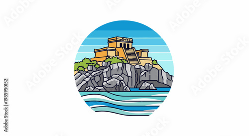 Ancient stone structure on cliff overlooking vibrant turquoise waters and blue striped sky