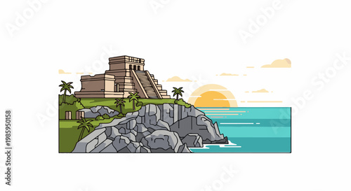 Ancient stone structure on a cliff overlooking the ocean at sunset