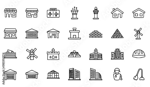 Minimal thin line architecture and construction icons set with buildings infrastructure and cleaning elements vector