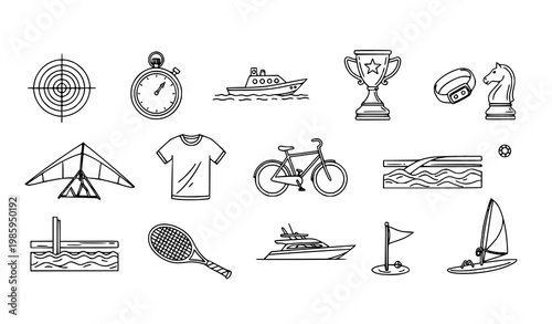 Hand drawn thin line sports icons set with fitness trophy tennis and outdoor activity elements vector collection
