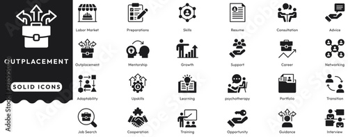 Outplacement icon set contains labor market, preparation, skills, resume, consult, advice, mentorship, growth, support, career, networking, adaptability, learning. Solid icons vector illustration
