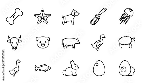 Modern outline animal icon set in circular layout with farm pets seafood and livestock elements vector