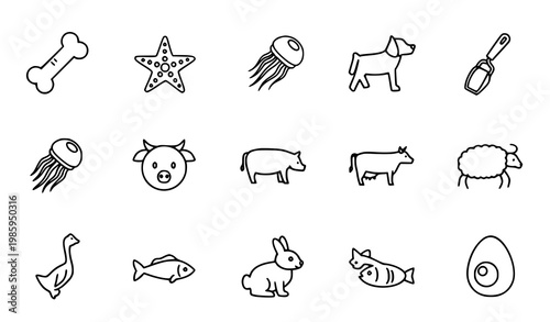 Minimal thin line animal and farm icons set with pets livestock seafood and food elements vector