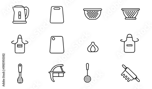 Minimal thin line kitchen cooking tools icons set with utensils and food preparation elements vector