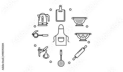 Modern outline kitchen tools icon set in circular layout with cooking utensils and preparation items vector