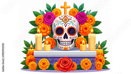 Sugar Skull Altar with Burning Candle and Rosary for Day of the Dead Design