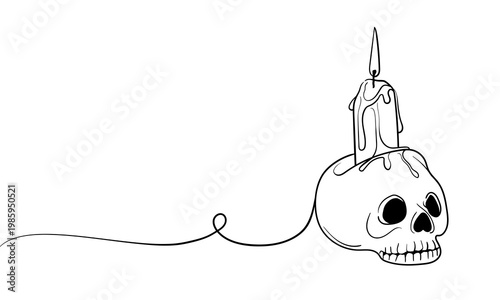 Skull-shaped candlestick and candle, continuous line art. Witch attribute. Сandle, skull, magic. Vector illustration on white backround