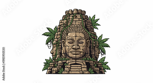 Ancient stone temple facade with multiple faces and lush tropical foliage