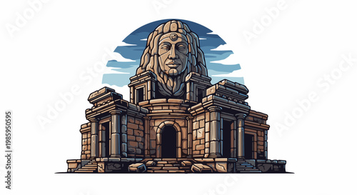 Ancient stone temple featuring a colossal carved face above arched entrances