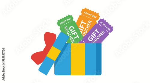 A colorful gift box with wrapped presents and ribbons on a table indoors