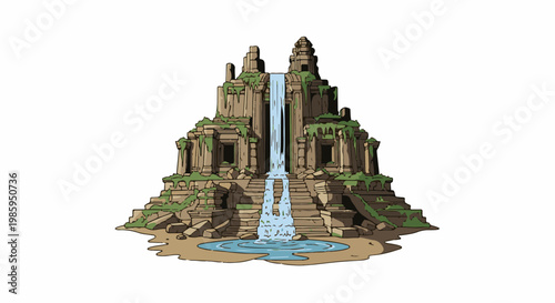 Ancient stone temple ruins with a cascading waterfall flowing into a pool