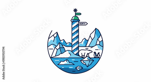 Arctic landscape with polar bear, penguins, ice, mountains, and north pole marker