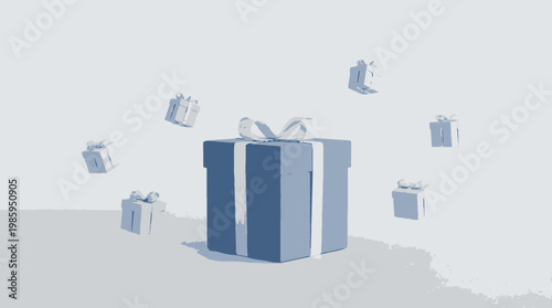 Gifts are flying around a large blue present on a surface