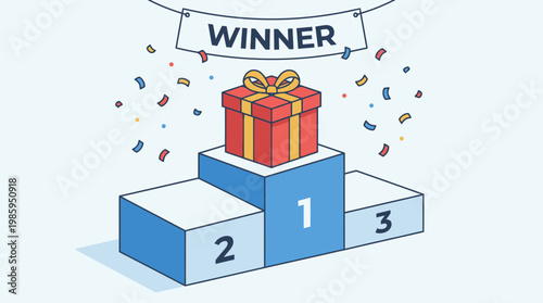 A colorful illustration of a podium with a gift on top celebrating a winner with confetti.
